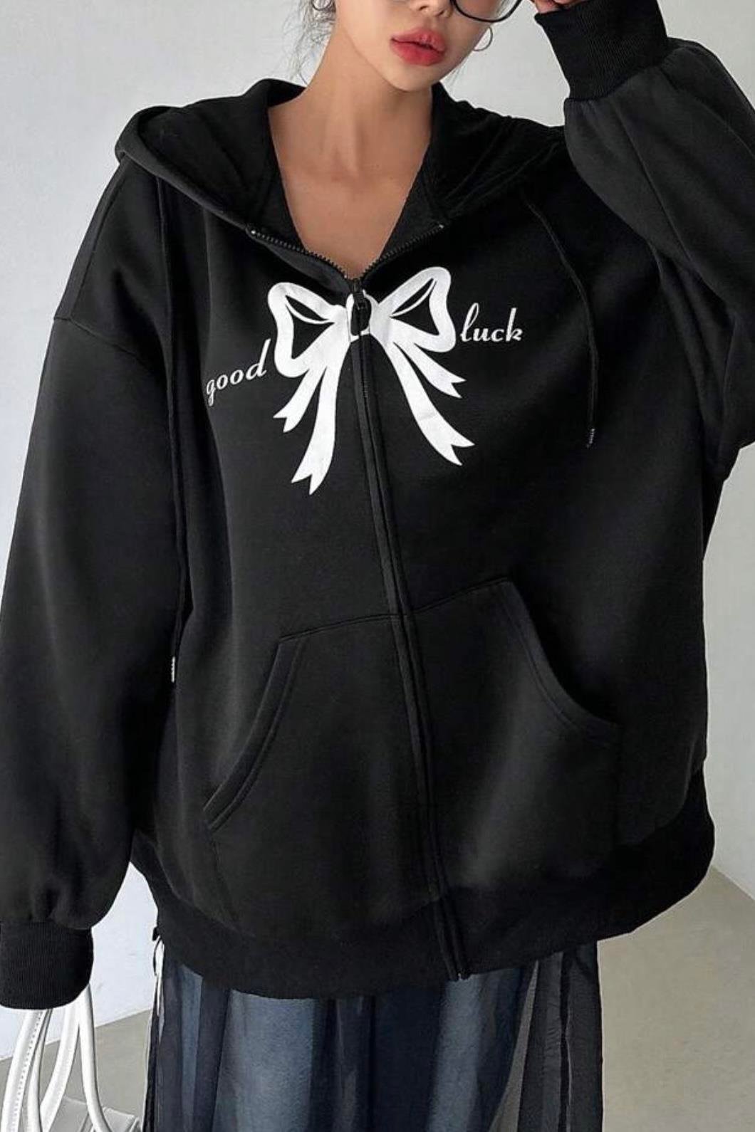 Siyah Good Luck Unisex Kapüşonlu Fermuarlı Hırka