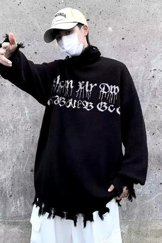 Siyah Gothic Show Xin Dou Yırtık Oversize Kazak