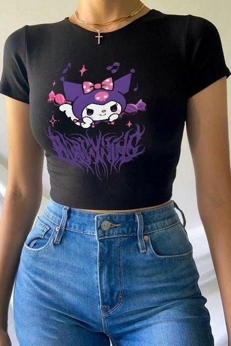 Siyah Harajuku Anime Kuromi Baskılı Crop