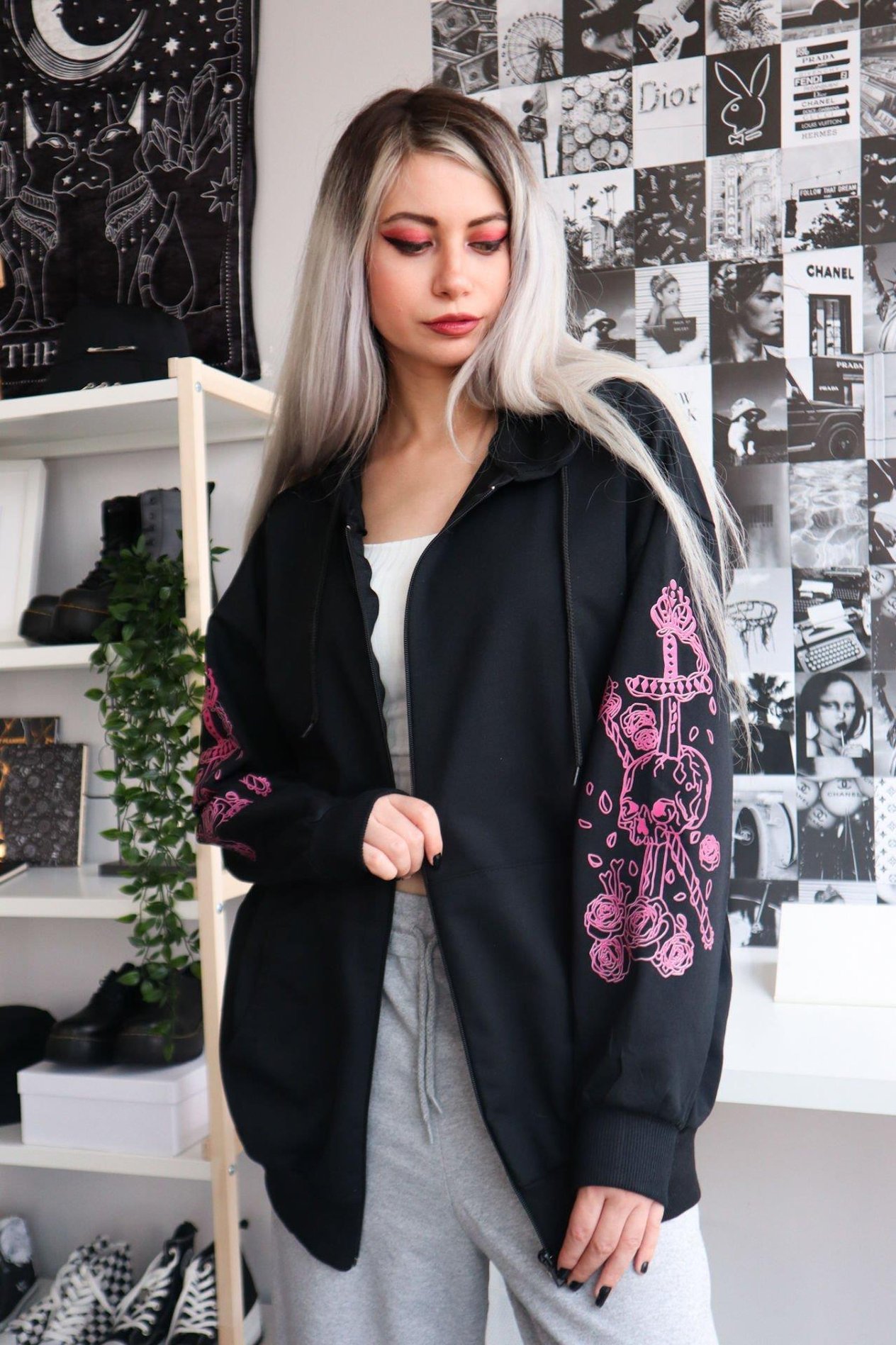 Siyah Harajuku Kawaii Pastel Gothic Fermuarlı Kapüşonlu Hırka