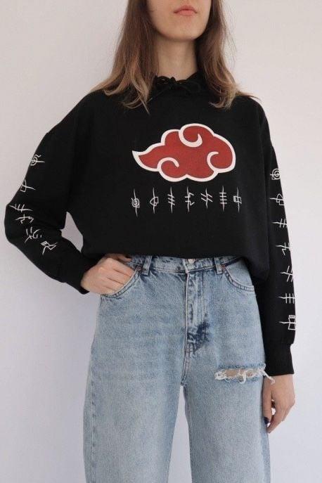Siyah Kapüşonlu Kol Detay Akatsuki Anime Sweatshirt