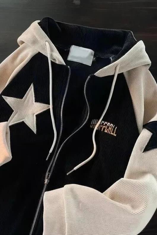 Siyah Krem Kadife Unoffcall Star Pattern Hırka 