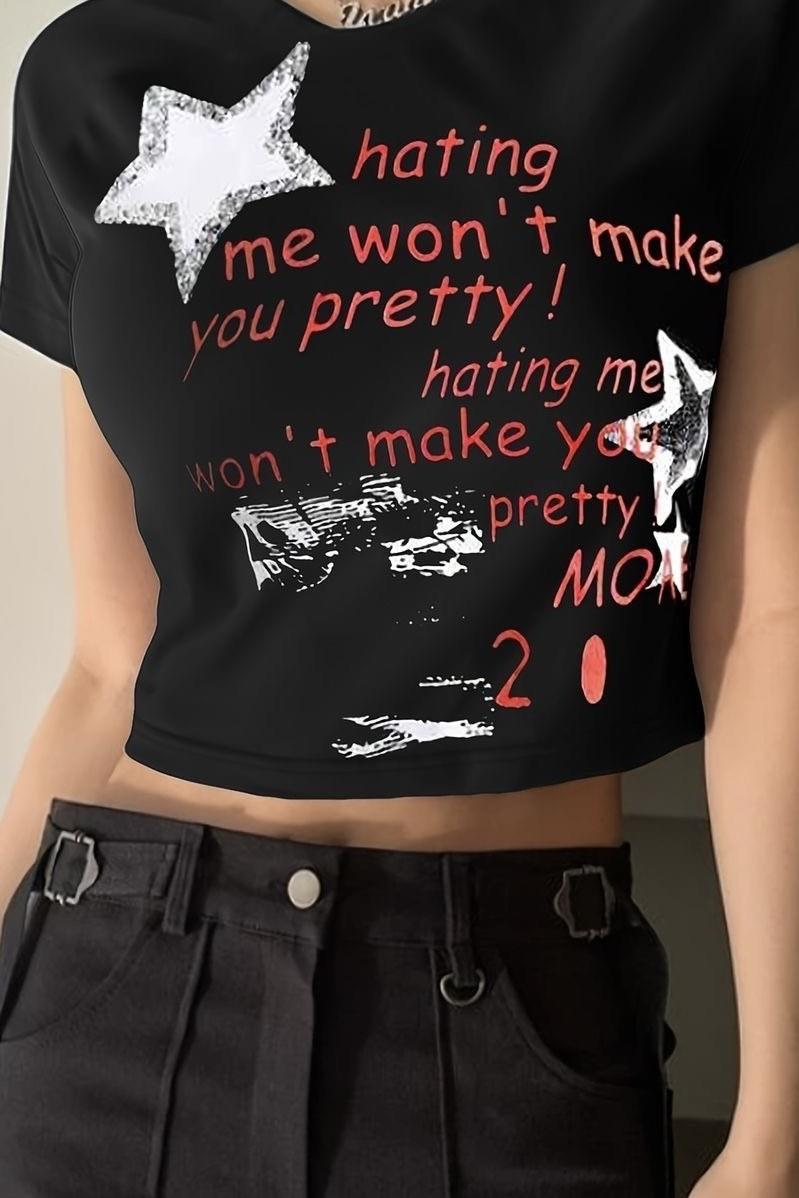 Siyah Slogan Star Print Crop