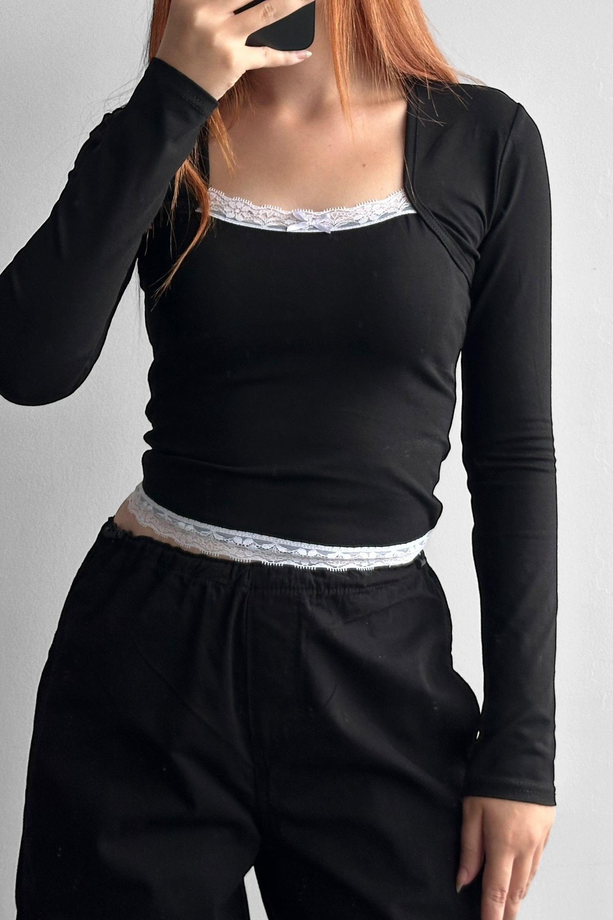 Siyah Square Dantel Uzun Kollu Crop Bluz 