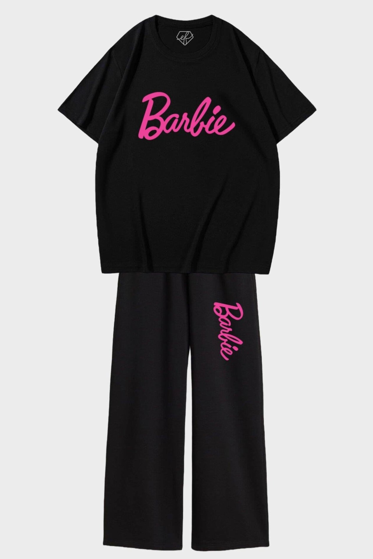 Siyah Unisex Barbie Yazılı Tişört Bol Paça Eşofman Takımı