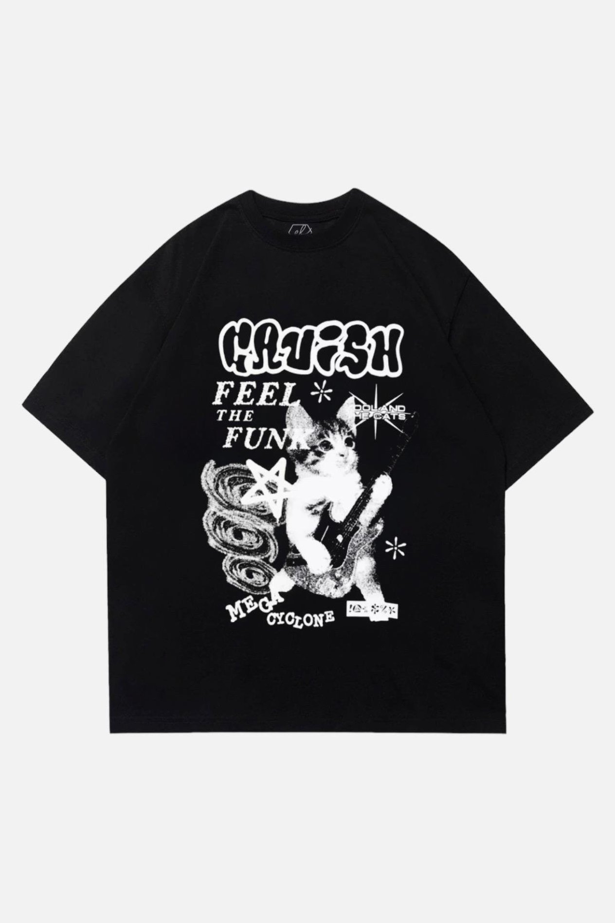 Siyah Unisex Cartoon Cat Guitar T-Shirt 