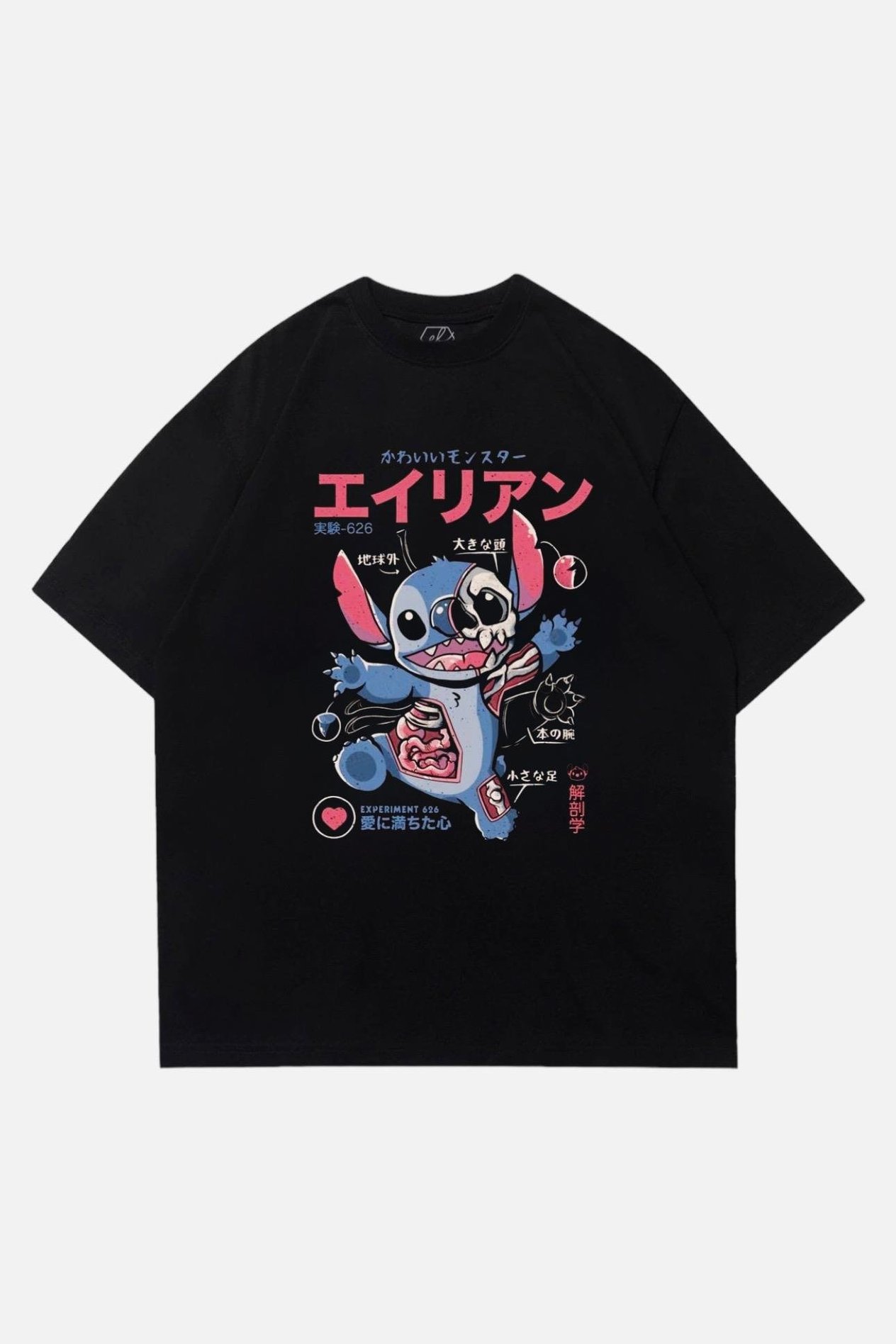 Siyah Unisex Çince Yazılı Stitch T-Shirt