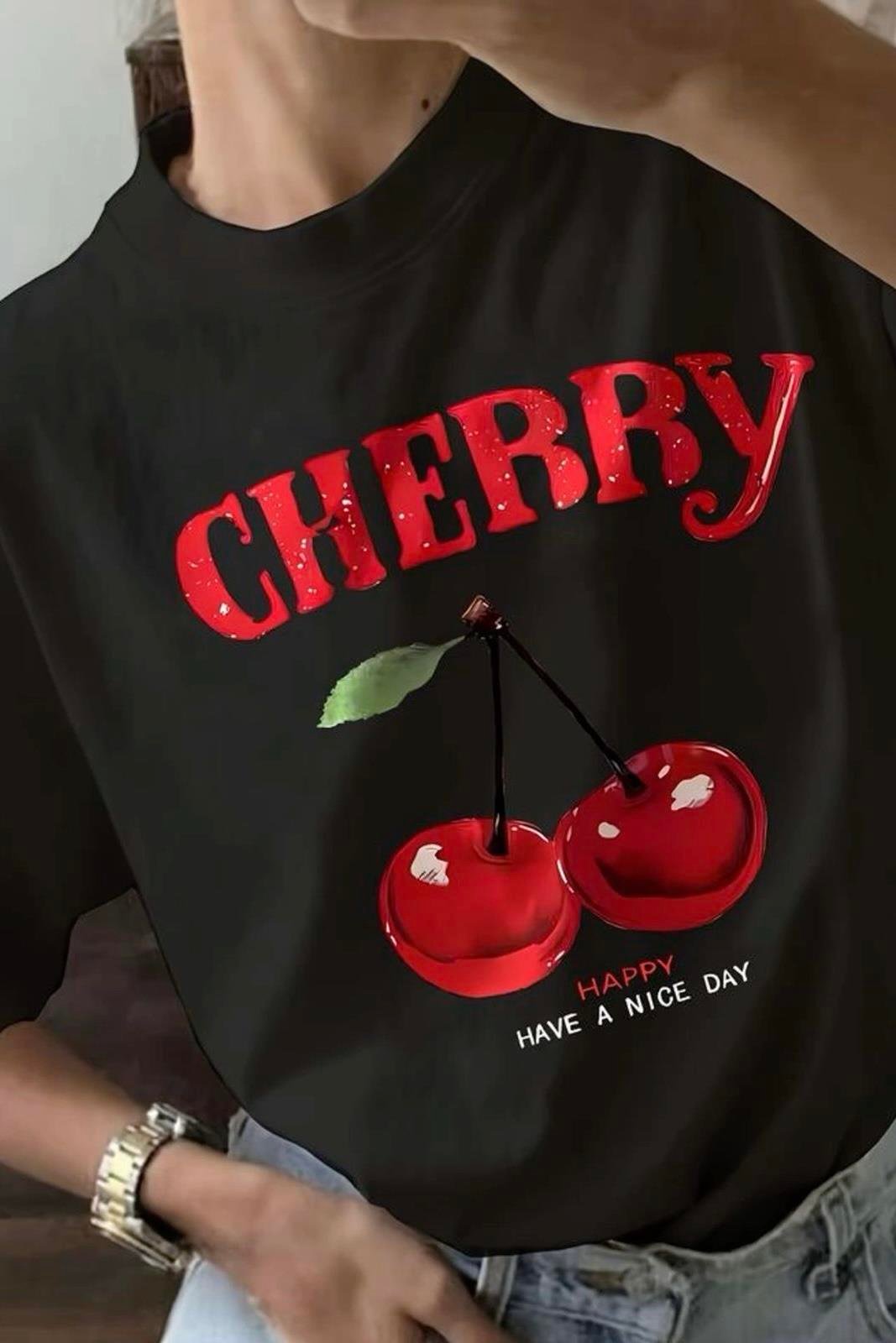 Siyah Unisex Happy Cherry T-Shirt
