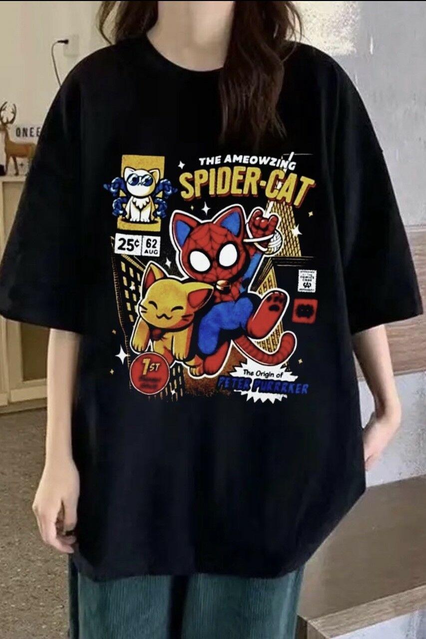 Siyah Unisex Spider Cat T-Shirt