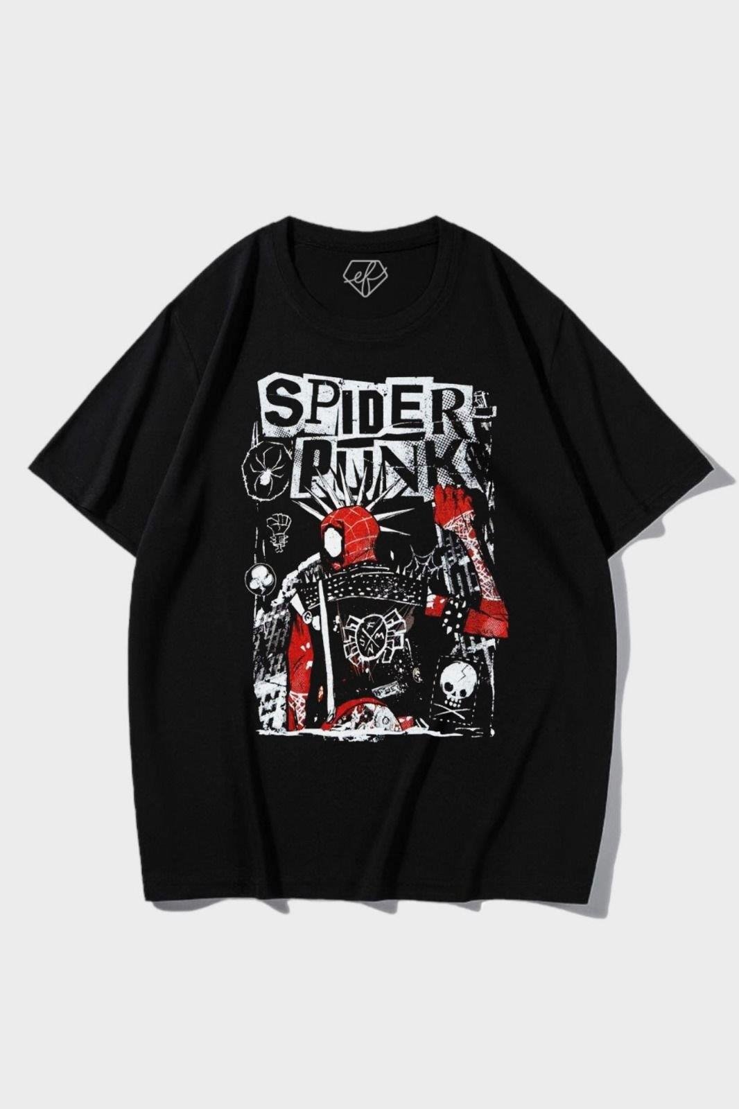 Siyah Unisex Spider Punk T-Shirt