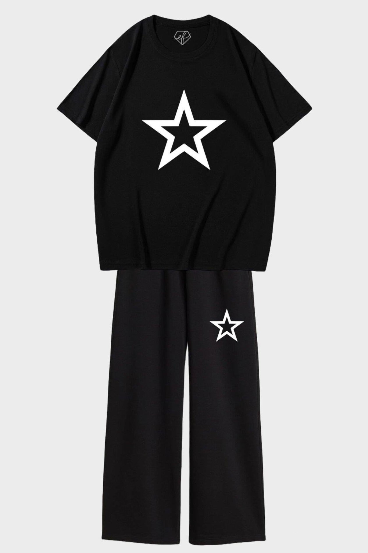 Siyah Unisex Yıldız Tişört Bol Paça Eşofman Takımı