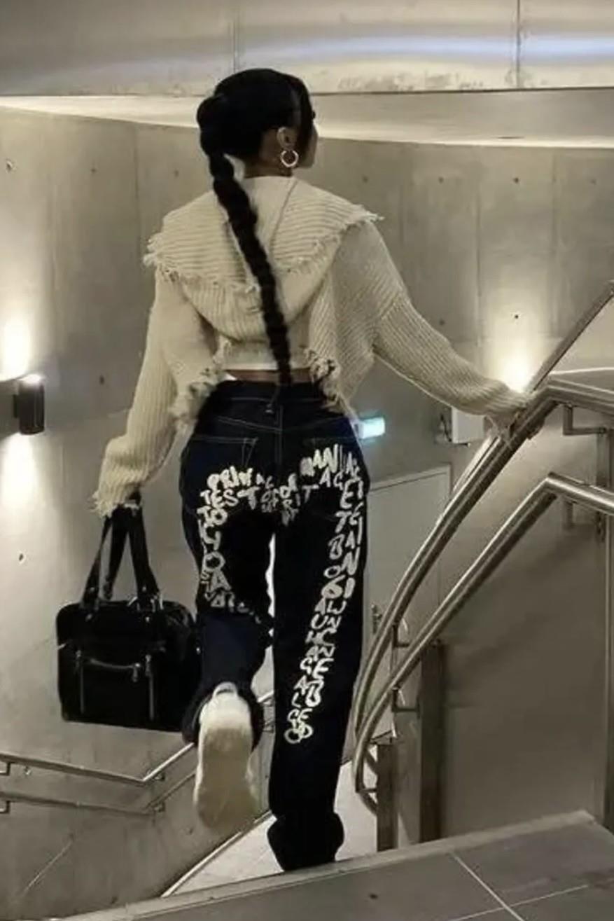 Siyah Y2K Newstyle Heart Jeans