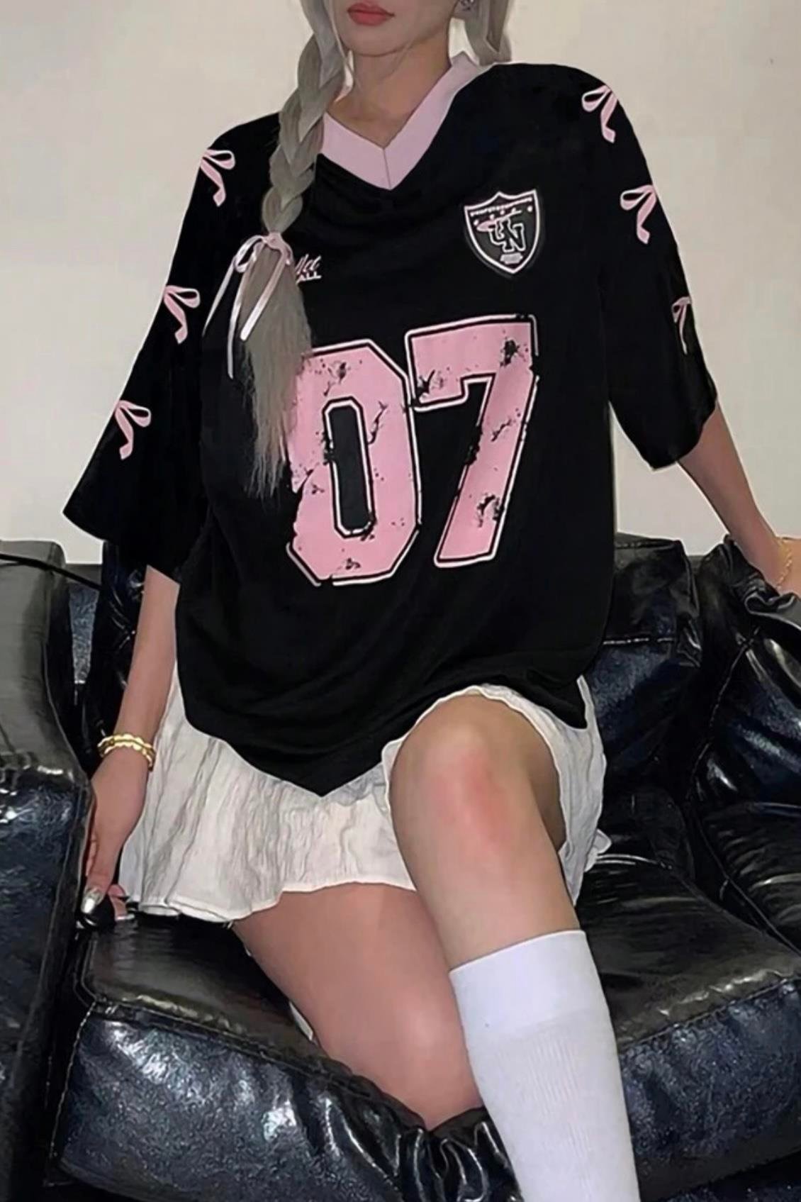 Siyah Y2k Ribbon Ballet Oversize T-Shirt