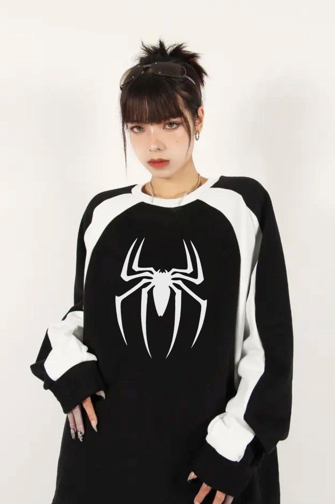 Siyah Y2K Streetwear Spider Baskılı Bisiklet Yaka Sweatshirt