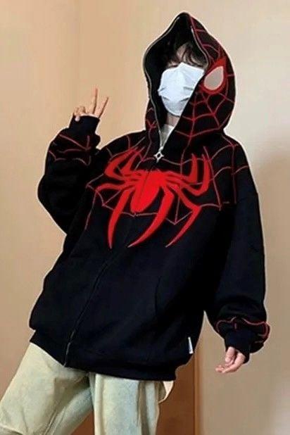 Siyah Y2k Streetwear Spider Web Oversize Fermuarlı Unisex Kapüşonlu Hırka