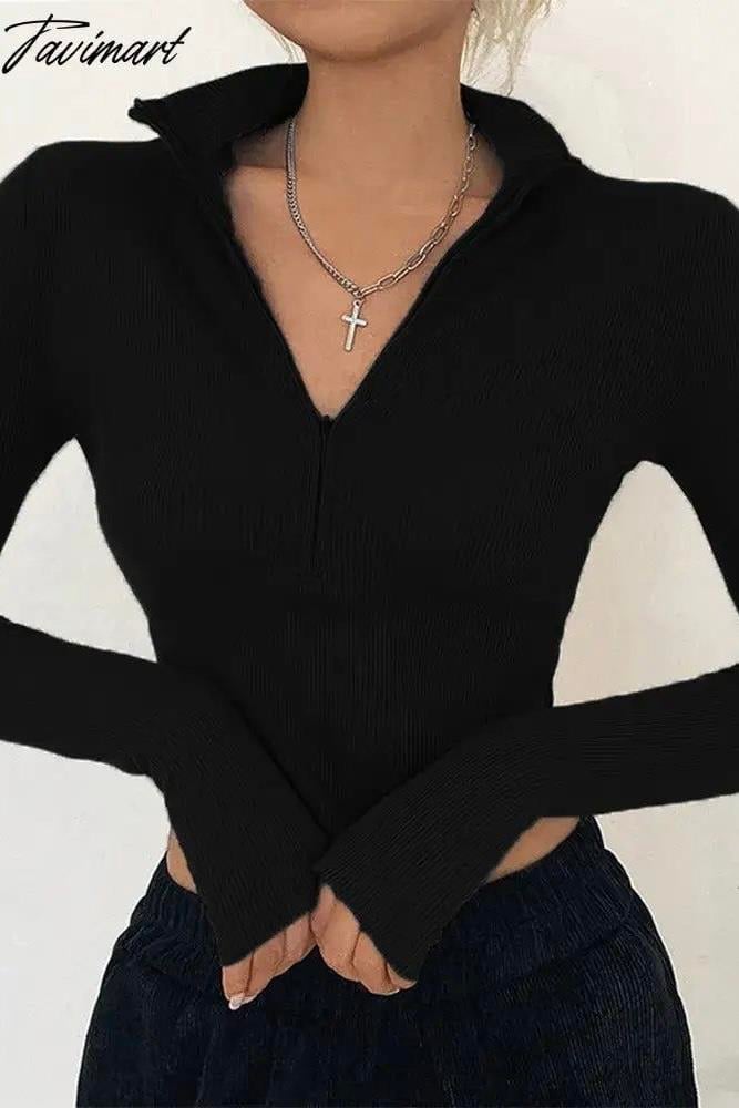 Siyah Y2K Yarım Fermuarlı Harujuku Crop Bluz