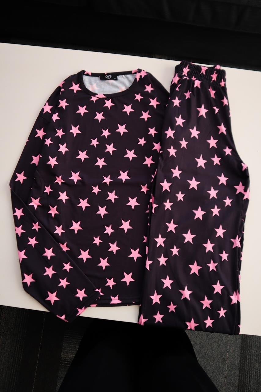 Siyah Yıldız Kolaj Uzun Kollu Pijama Takımı 