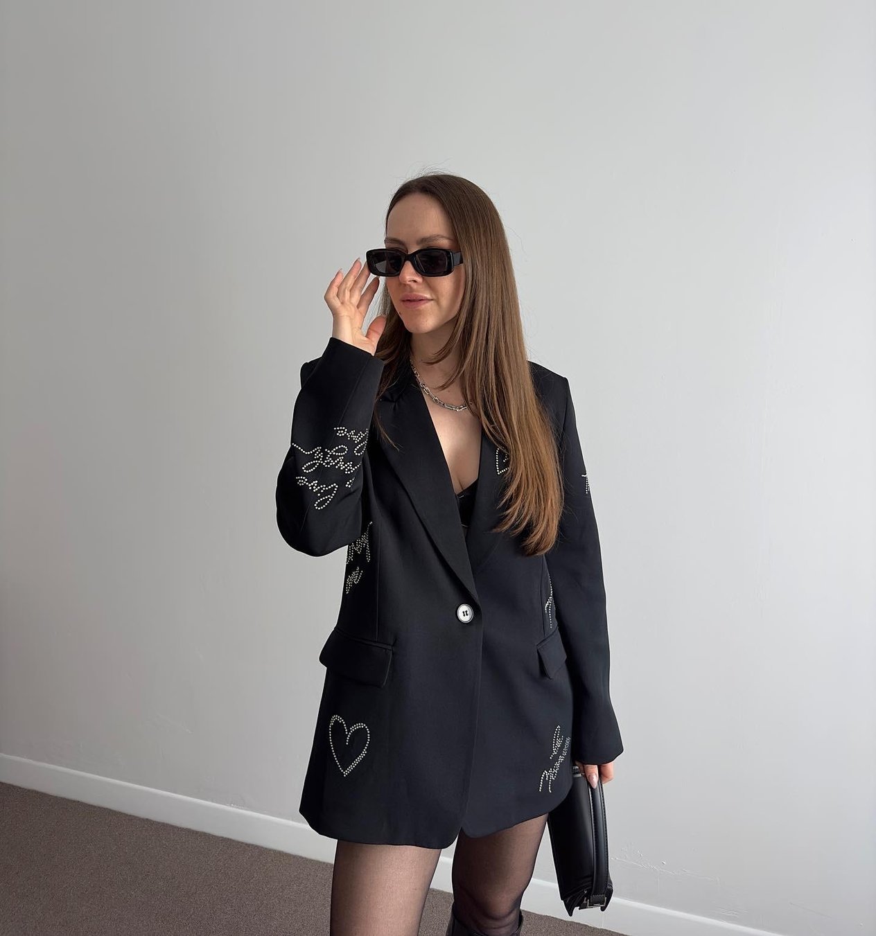 PREMIUM TAŞ DETAYLI SİYAH BLAZER CEKET