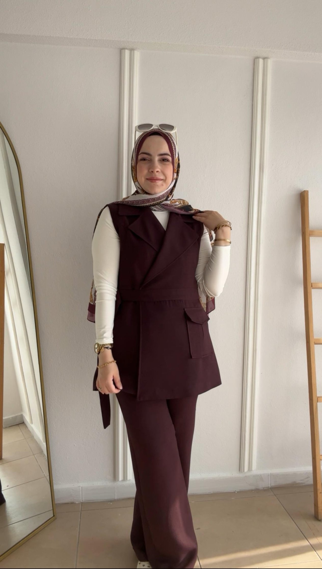 KOYU BORDO KETEN KUMAŞ YELEKLİ TAKIM