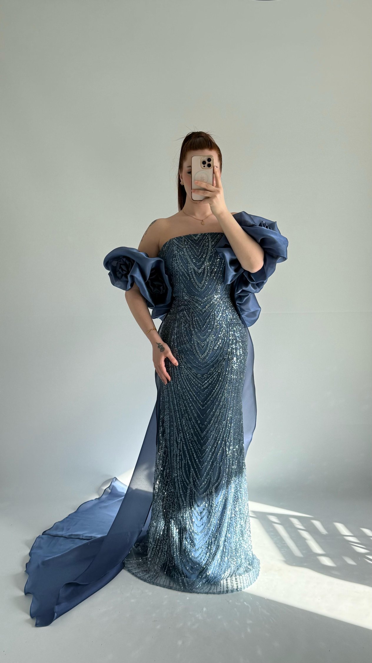 Amelia Pelerinli Taşlı Abiye İndigo