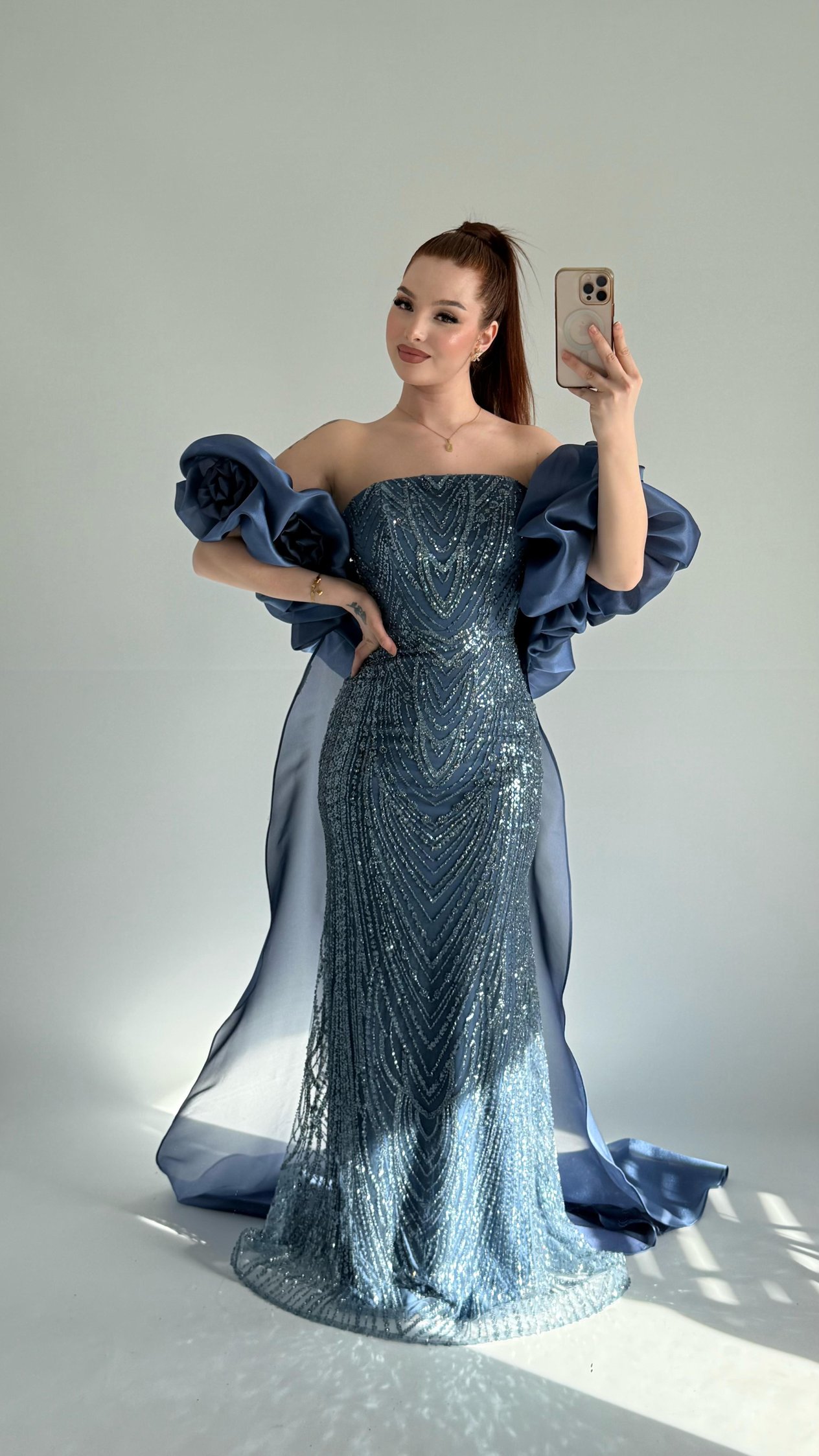 Amelia Pelerinli Taşlı Abiye İndigo