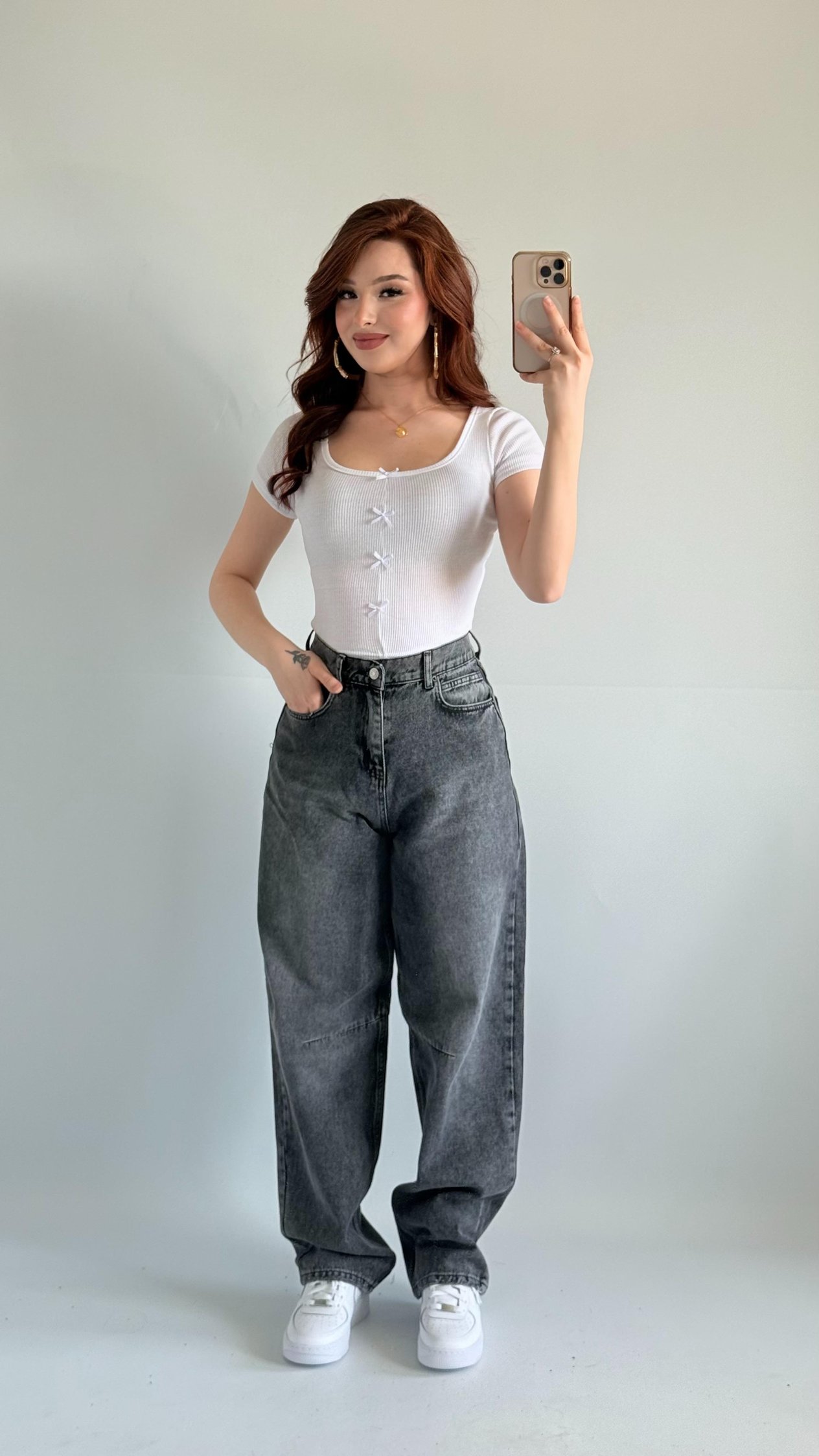 Baggy Bel Tokalı Pantolon Taşlanmış Gri 