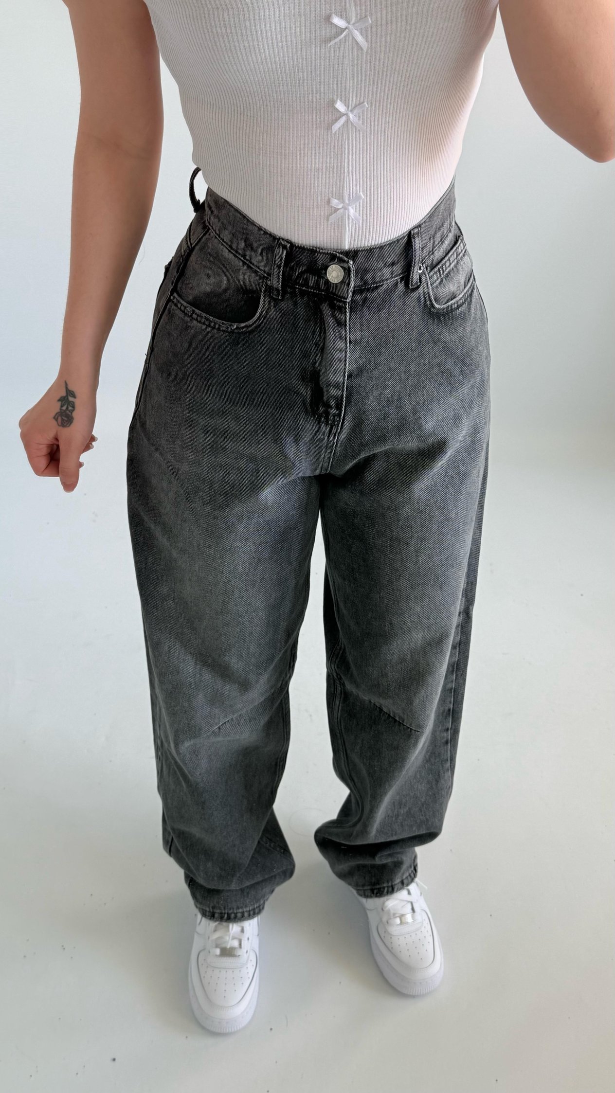 Baggy Bel Tokalı Pantolon Taşlanmış Gri 