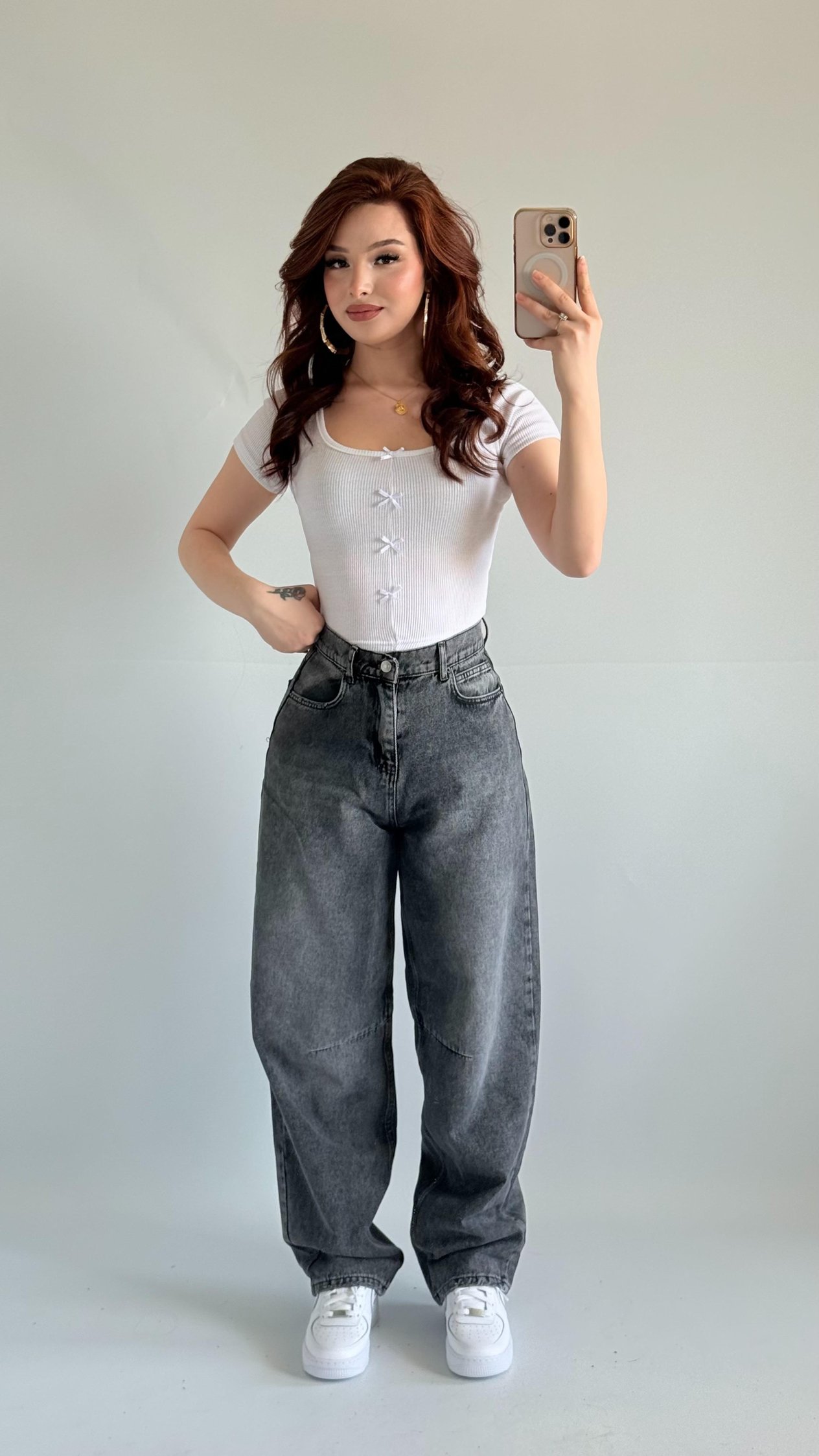 Baggy Bel Tokalı Pantolon Taşlanmış Gri 
