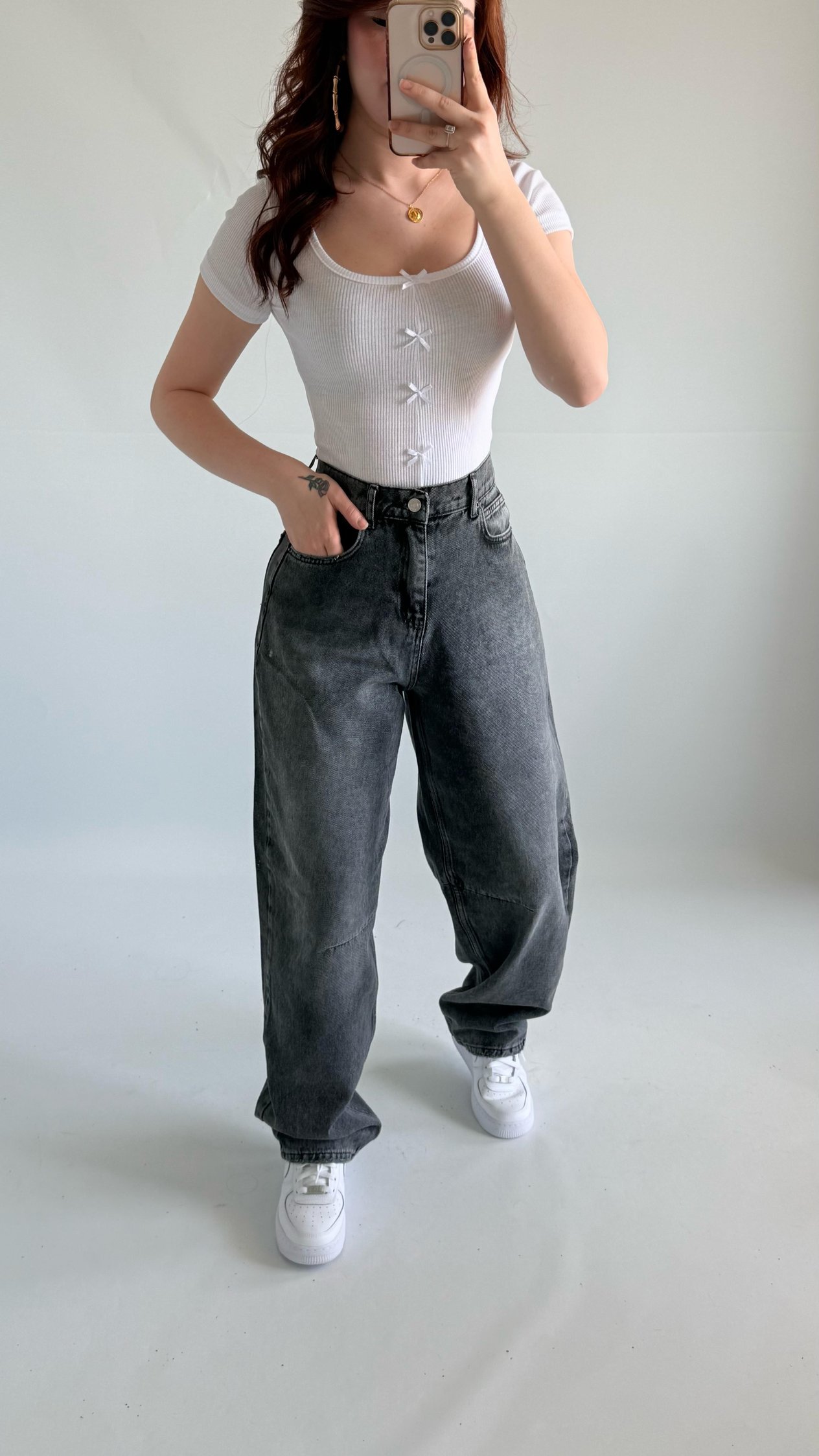 Baggy Bel Tokalı Pantolon Taşlanmış Gri 