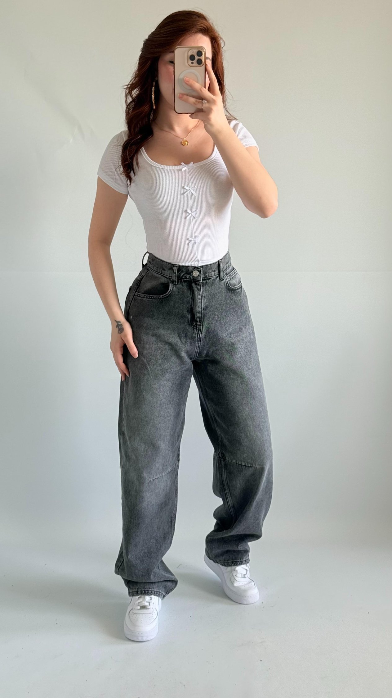 Baggy Bel Tokalı Pantolon Taşlanmış Gri 