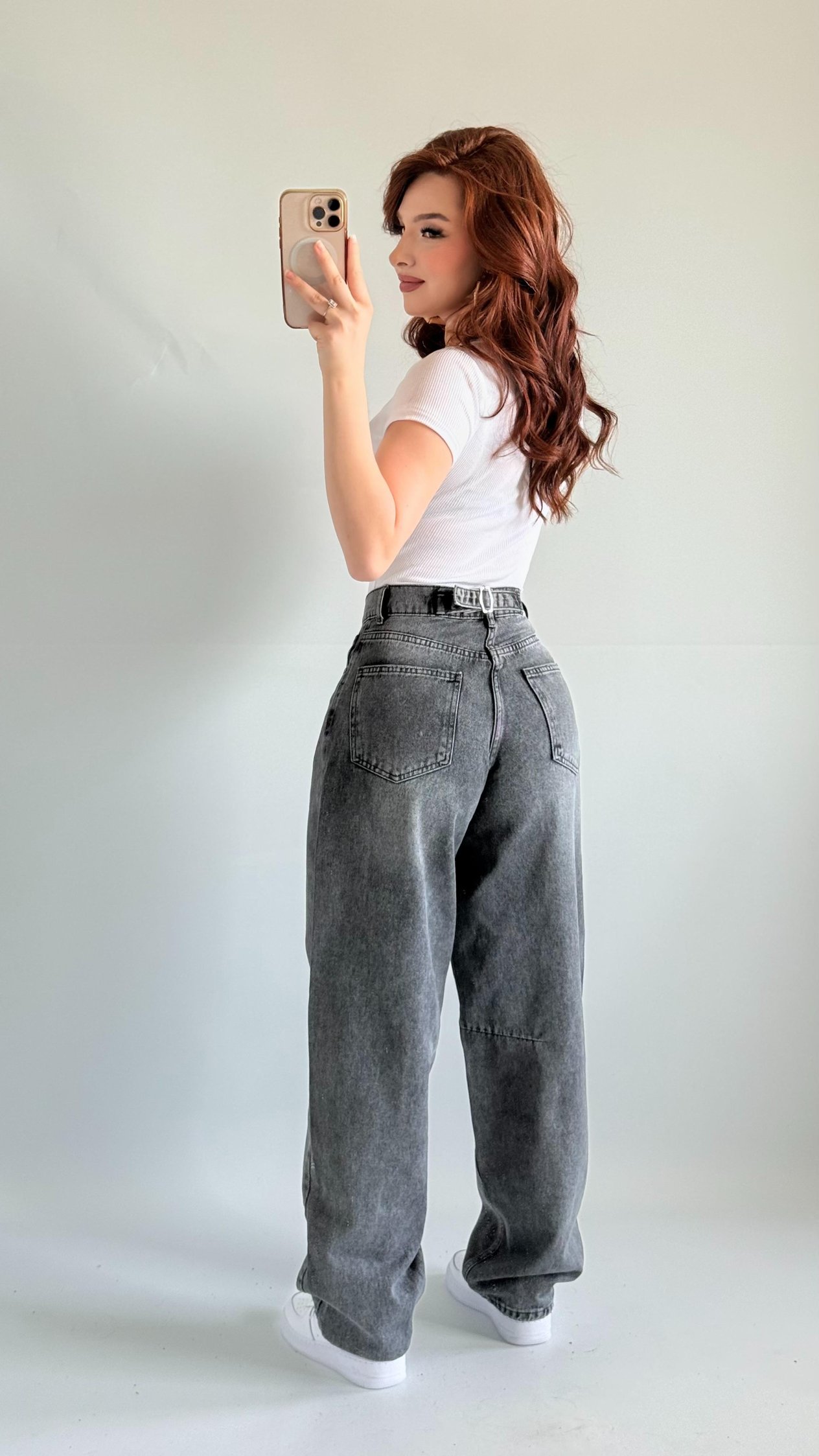 Baggy Bel Tokalı Pantolon Taşlanmış Gri 