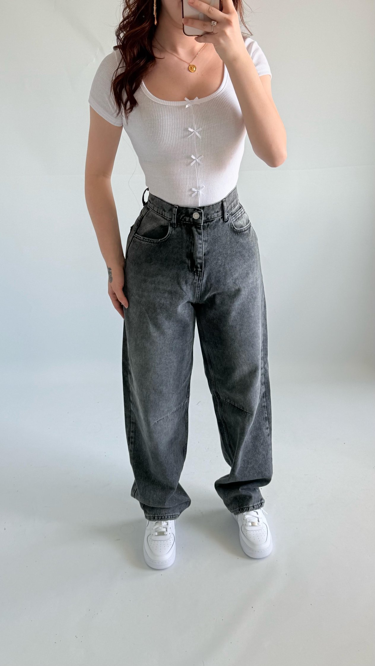 Baggy Bel Tokalı Pantolon Taşlanmış Gri 