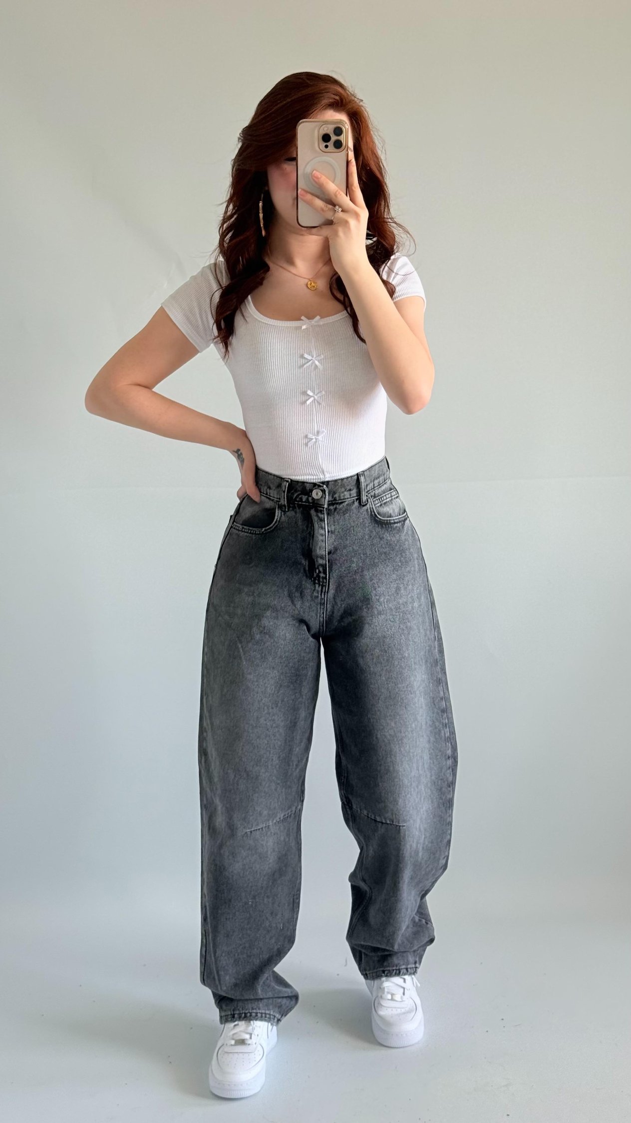 Baggy Bel Tokalı Pantolon Taşlanmış Gri 
