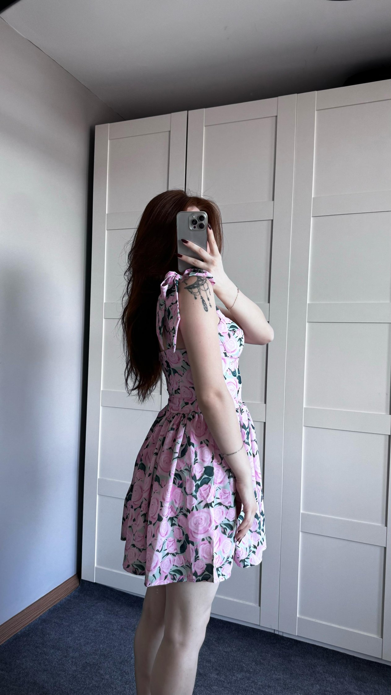 Gloplu Büyük Desenli Mini Pembe Elbise
