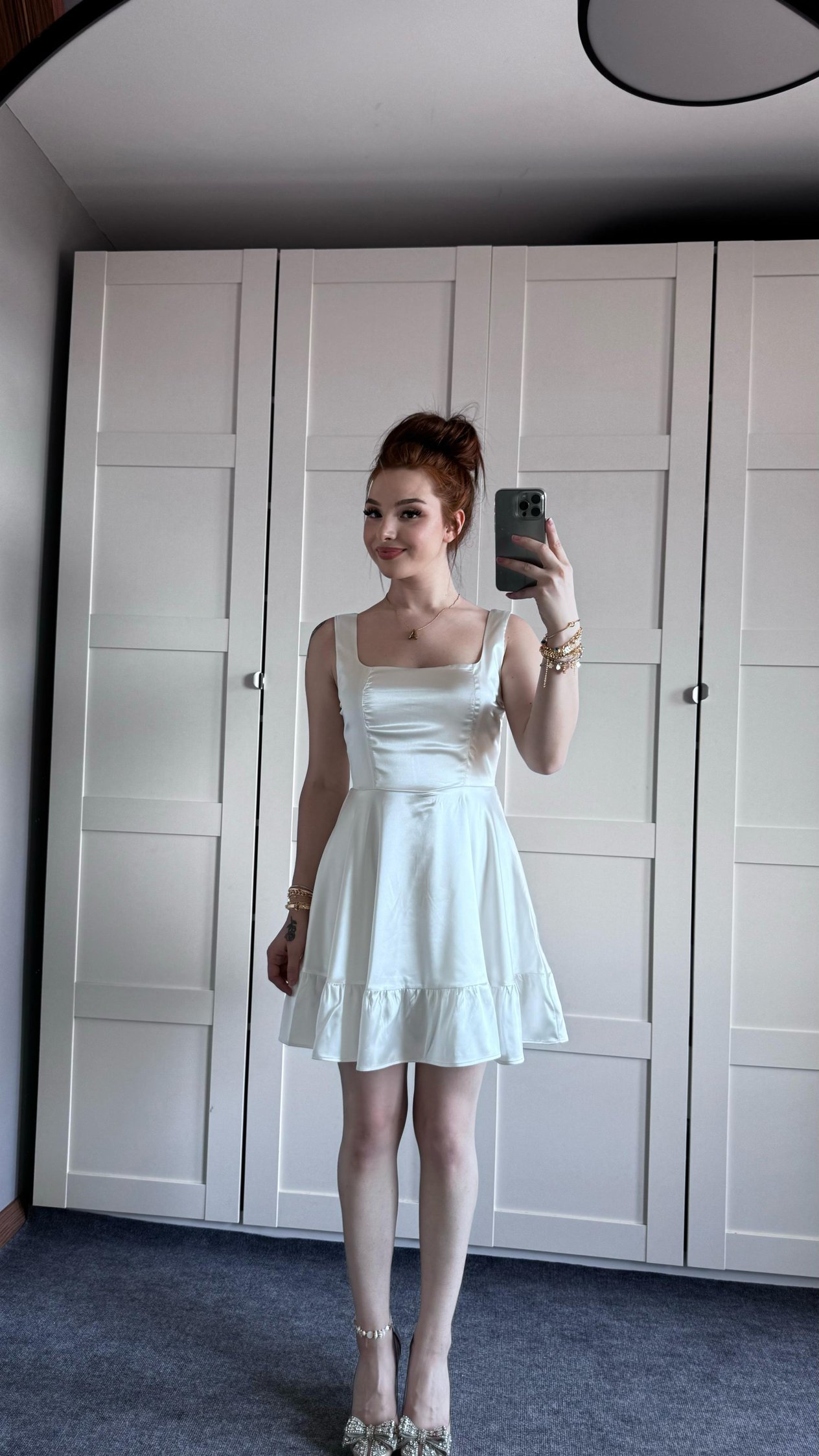 Glow Saten Mini Beyaz Elbise