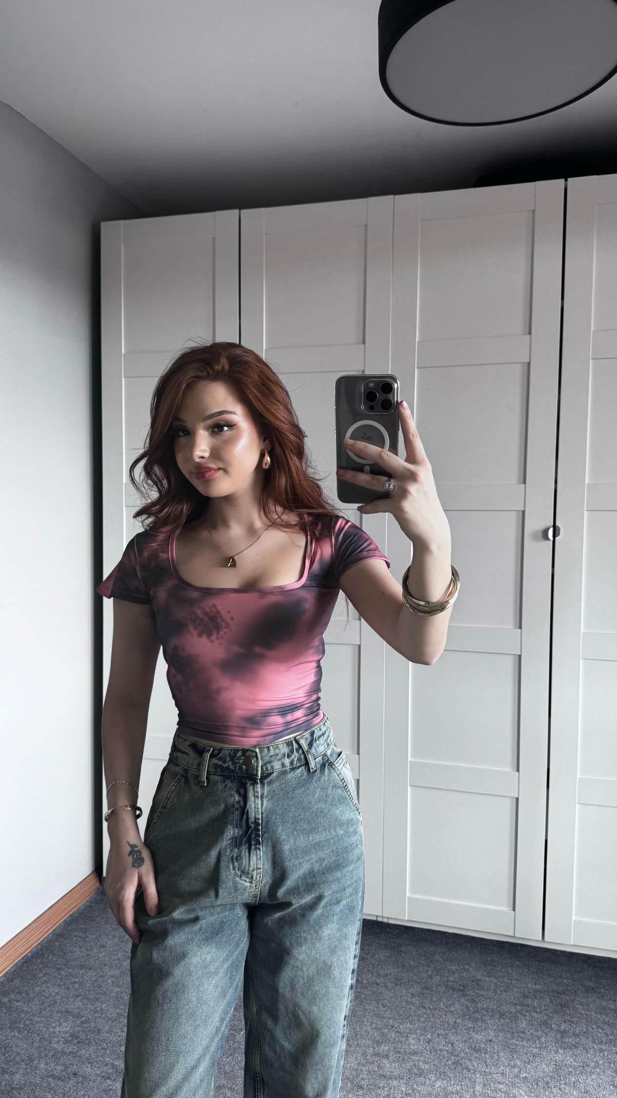 Kare Yaka Batik Füme Pembe Crop