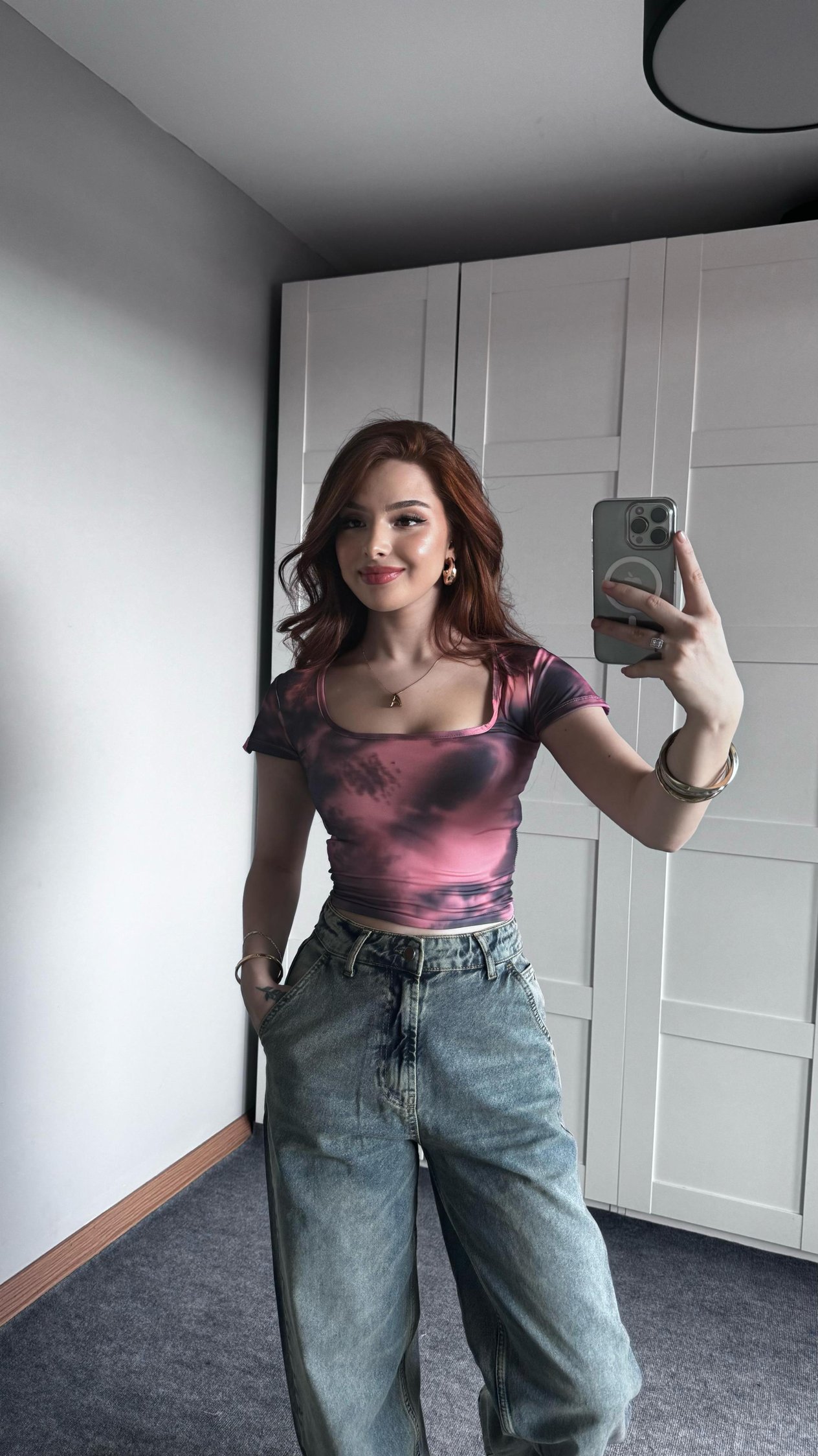 Kare Yaka Batik Füme Pembe Crop