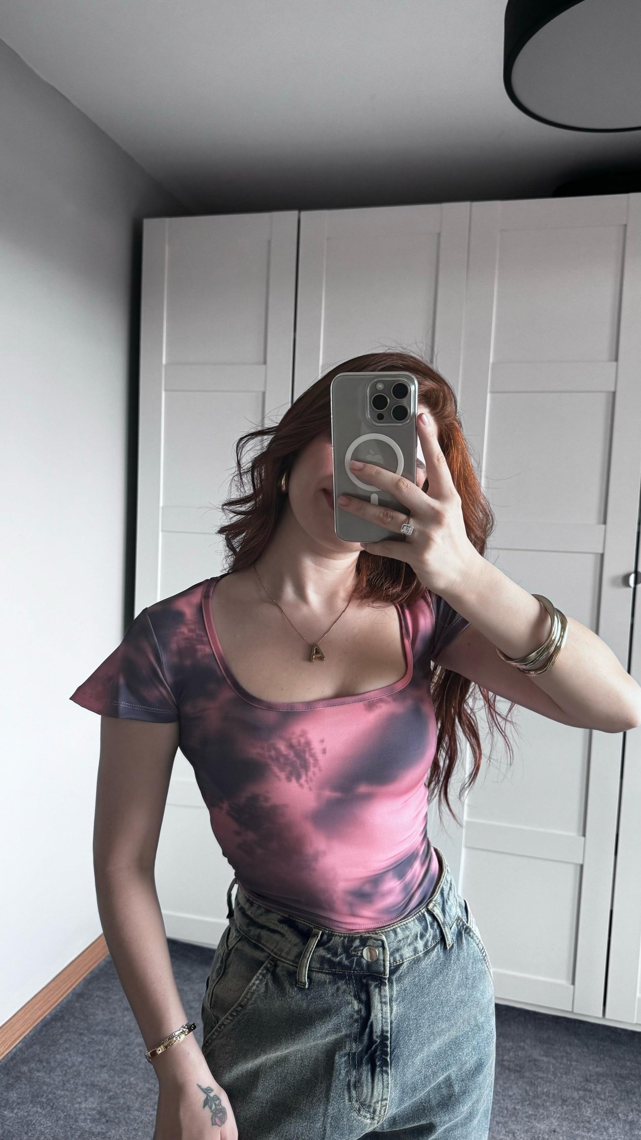 Kare Yaka Batik Füme Pembe Crop