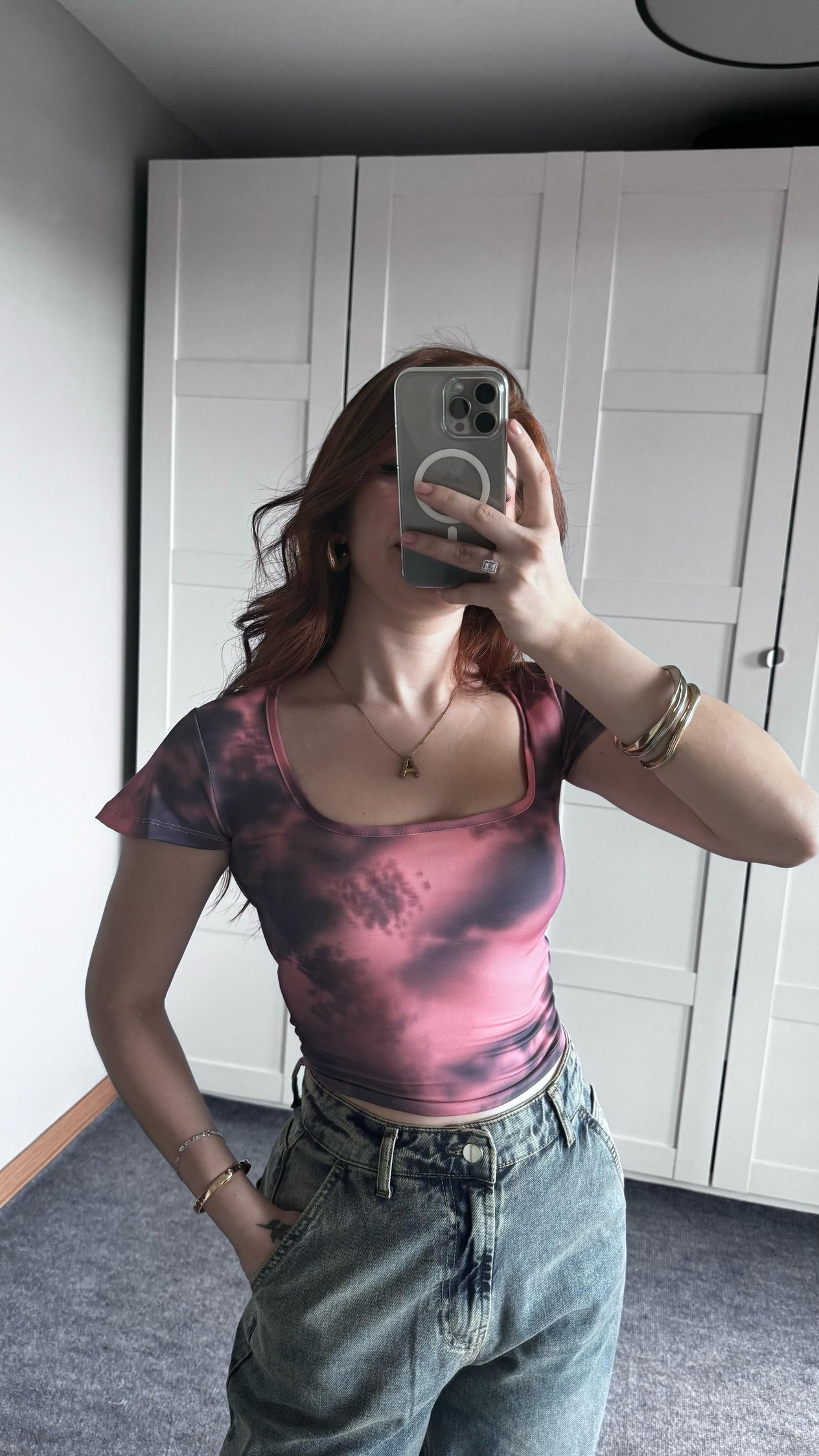 Kare Yaka Batik Füme Pembe Crop