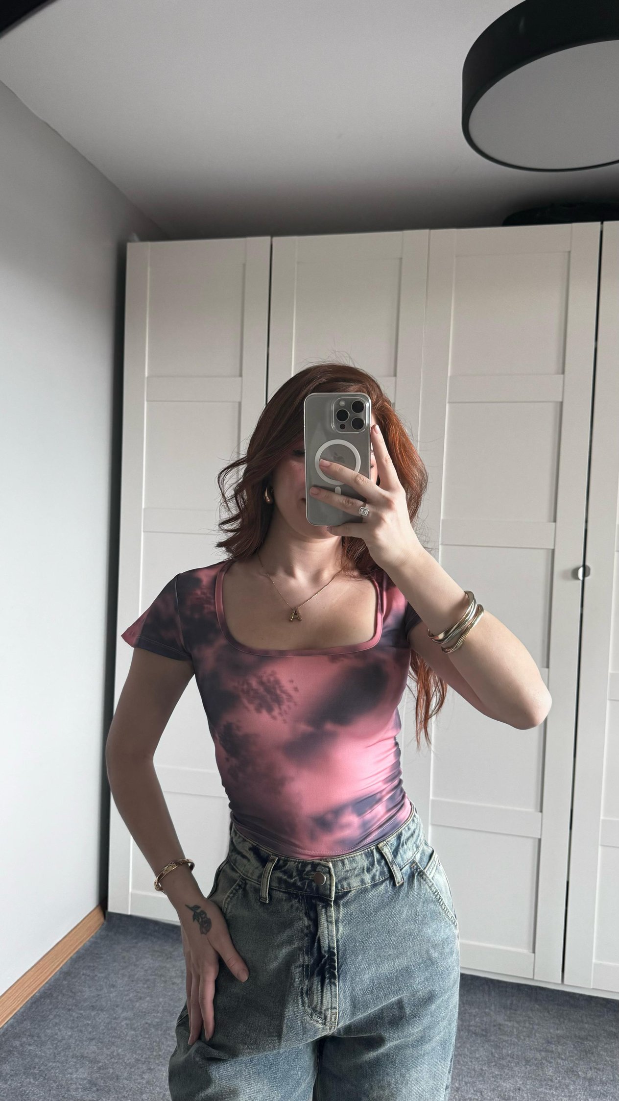 Kare Yaka Batik Füme Pembe Crop