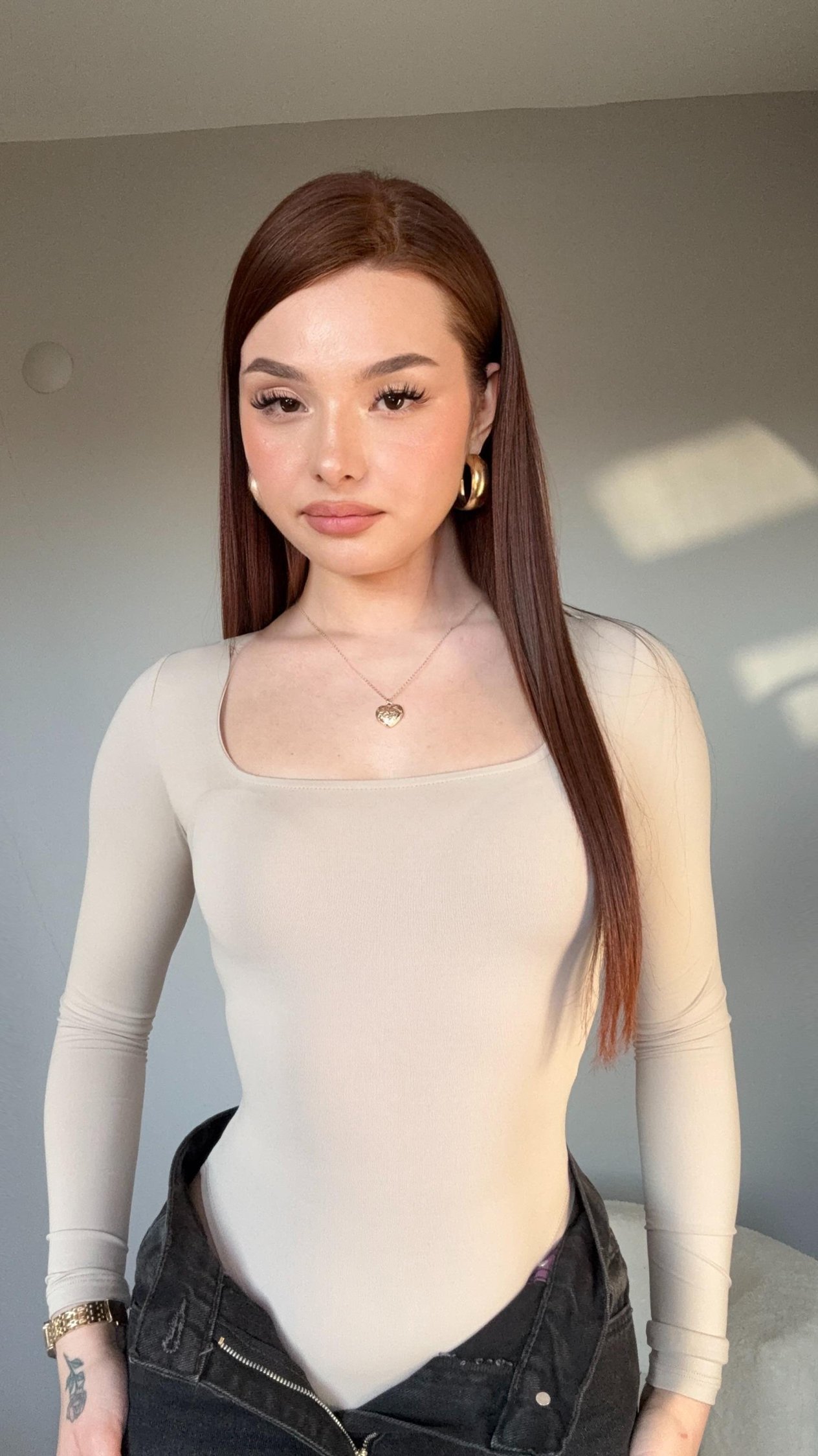 Kare Yaka Bodysuit Uzun Kol Bej