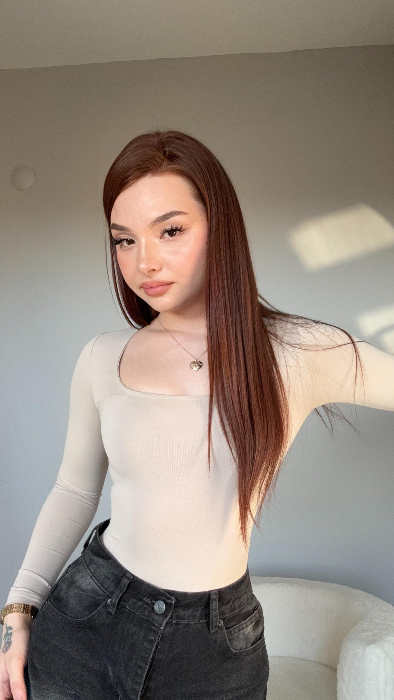 Kare Yaka Bodysuit Uzun Kol Bej
