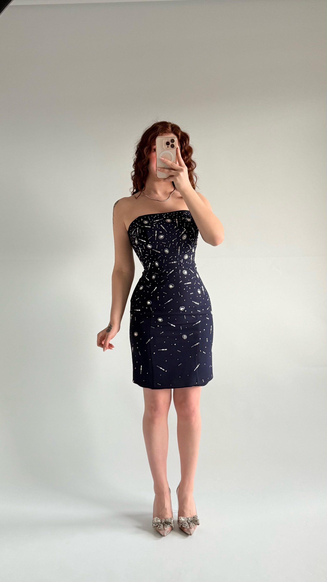Luxury Straplez Taşlı Mini Abiye Lacivert 
