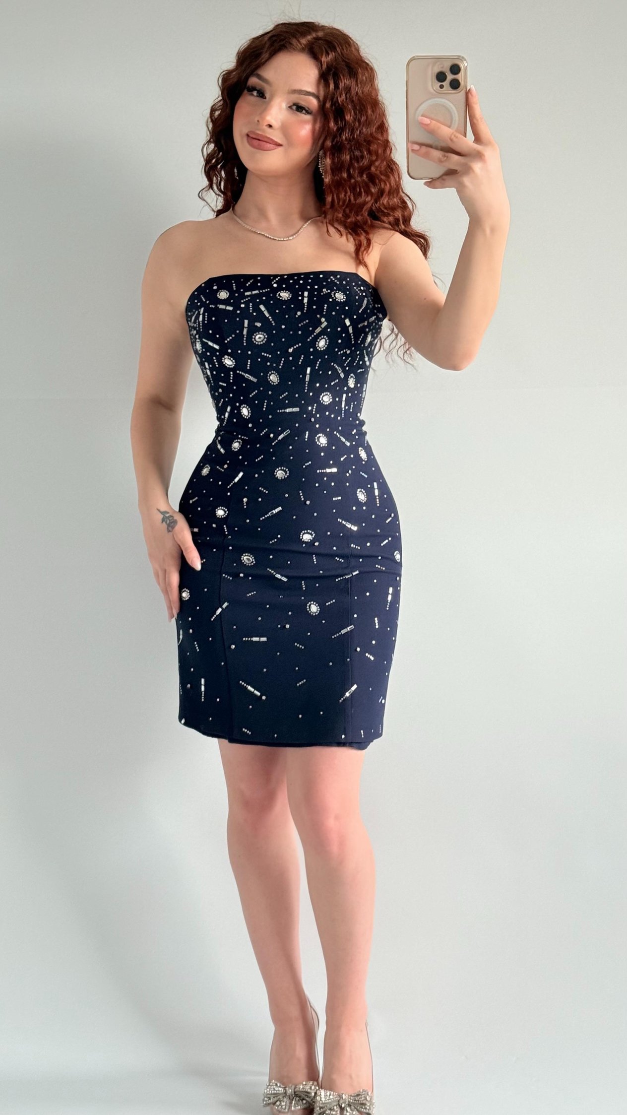 Luxury Straplez Taşlı Mini Abiye Lacivert 