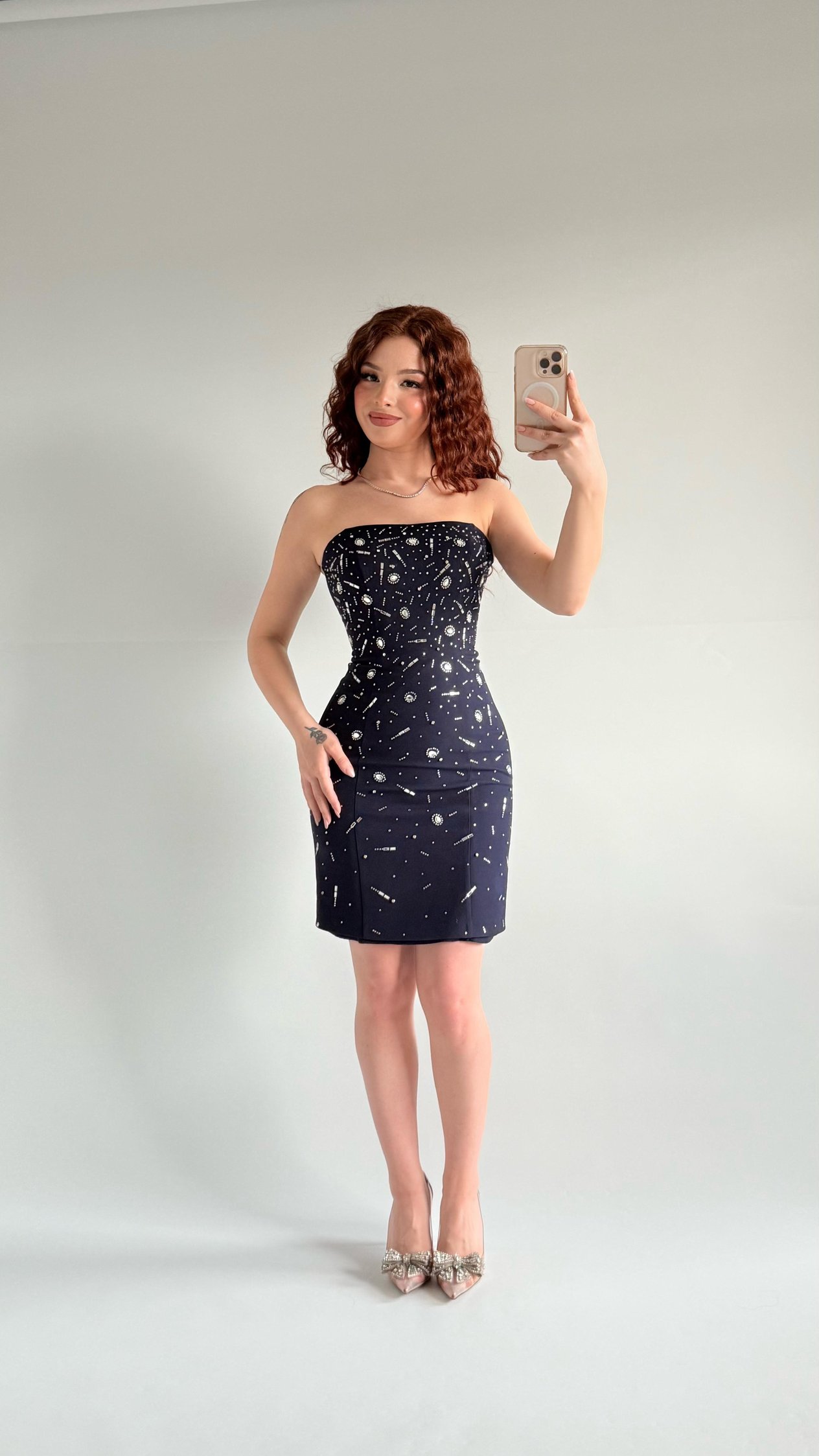 Luxury Straplez Taşlı Mini Abiye Lacivert 
