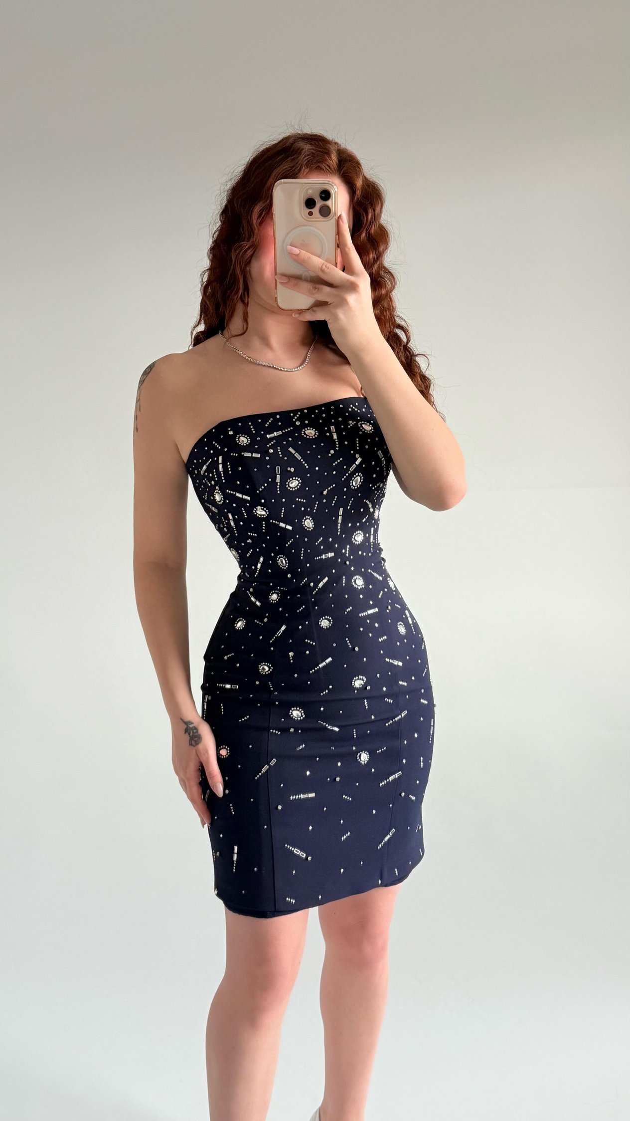Luxury Straplez Taşlı Mini Abiye Lacivert 