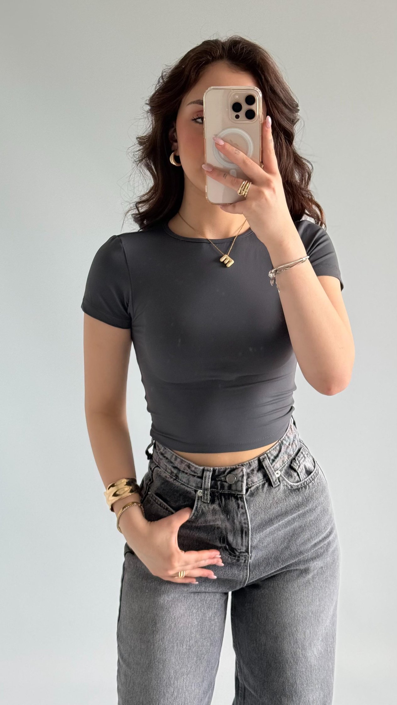 Sırt Kelebek Kısa Kol Crop Gri
