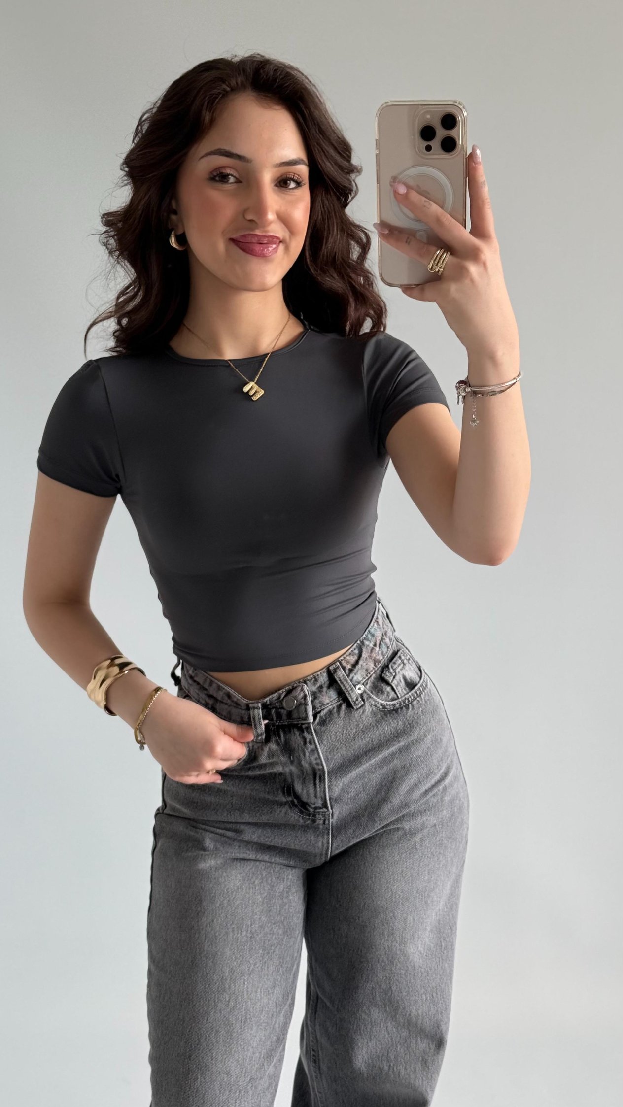 Sırt Kelebek Kısa Kol Crop Gri