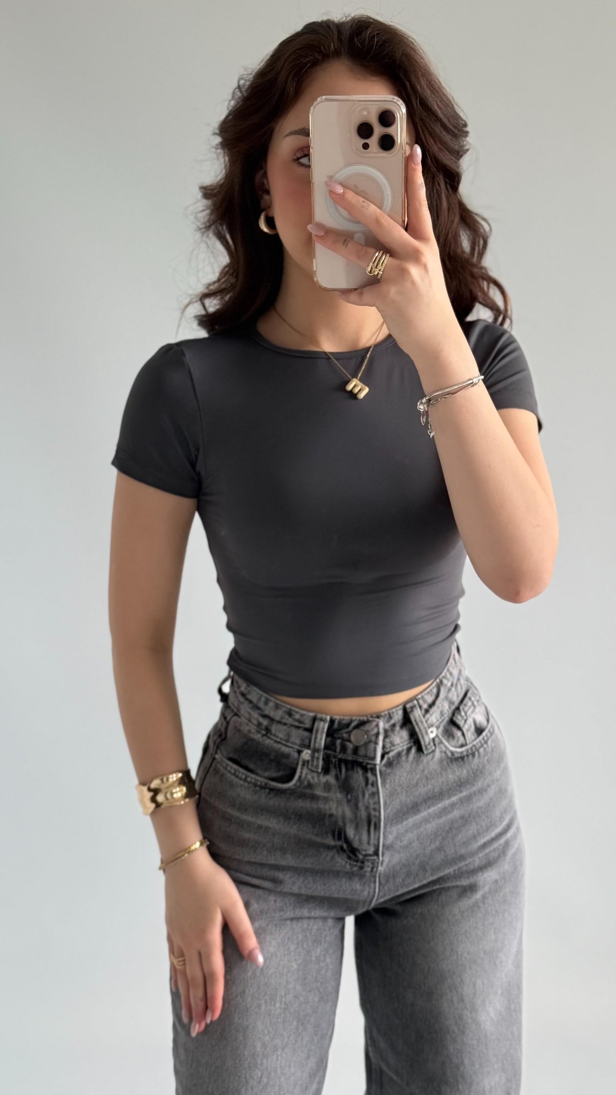 Sırt Kelebek Kısa Kol Crop Gri
