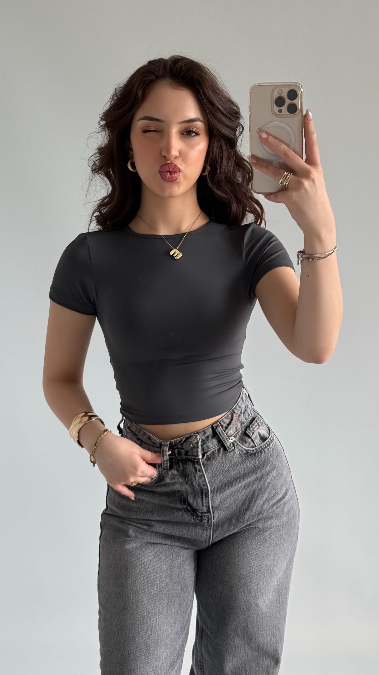 Sırt Kelebek Kısa Kol Crop Gri